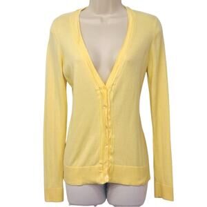 Ann Taylor Loft Light Yellow Lightweight Cardigan Stylish Ruffled V Neckline